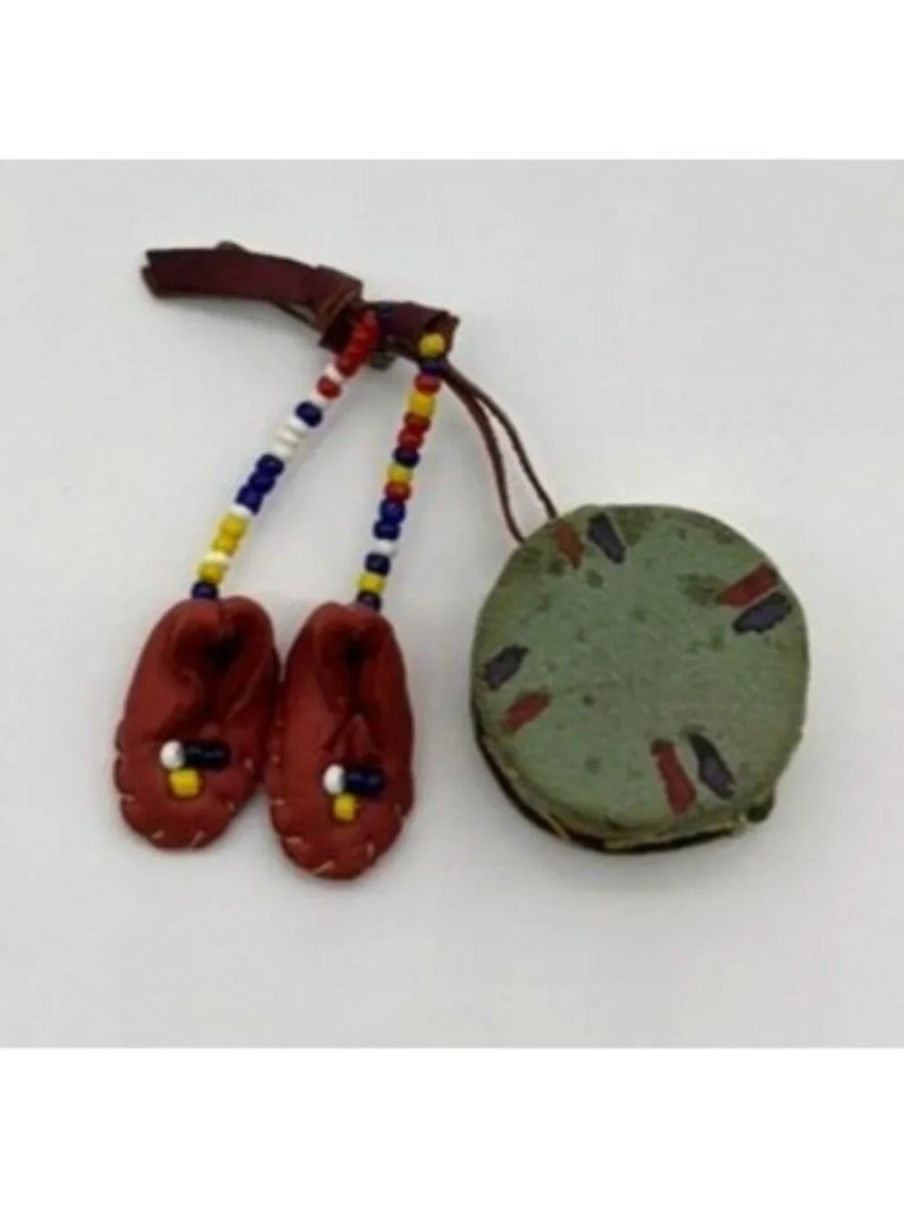 Vintage Native American Brooch Handmade & Hand Painted Miniature Moccasin & Drum - Picture 1 of 13